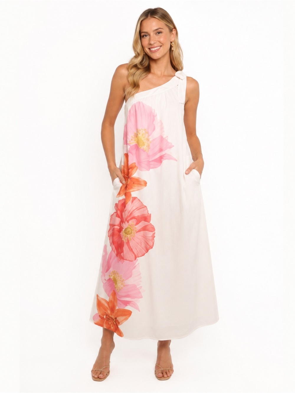Petal + Pup Charlize linen blend one shoulder maxi dress in floral white - L NWT
